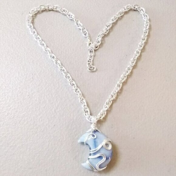 Rare! Pale Blue Aventurine Moon Pendant Necklace - Calling All Moon Goddesses - Picture 1 of 8